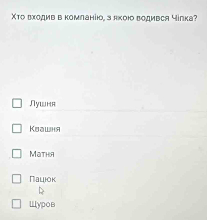 Χто входив в комланію, з якою водився чілка?
Лушня
Квашня
Матня
Пацюк
Шypoв