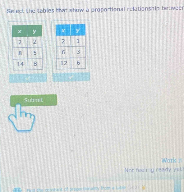 Select the tables that show a proportional relationship betweer 




Submit 
Work it 
Not feeling ready yet? 
find the constant of proporsionality from a table (300)