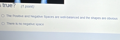 true? (1 point)
The Positive and Negative Spaces are well-balanced and the shapes are obvious
There is no negative space