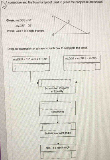 A conjecture and the flowchart proof used to prove the conjecture are shown.
Given: m∠ DEG=51°
m∠ GEF=39°
Prove: △ DEF is a right friangle 
Drag an expression or phrase to each box to complete the proof.