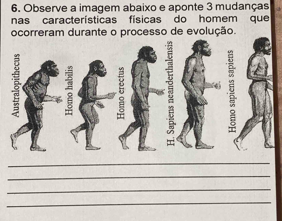 Observe a imagem abaixo e aponte 3 mudanças 
nas características físicas do homem que 
ocorreram durante o processo de evolução. 
_ 
_ 
_ 
_