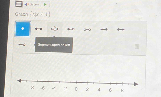 Listen 
Graph  x|x!= 4. 
。 。 
。 Segment open on left