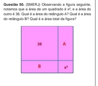 (SMERJ) Observando a figura seguinte,
notamos que a área de um quadrado é x^2 , e a área do
outro é 36. Qual é a área do retângulo A? Qual é a área
do retângulo B? Qual é a área total da figura?