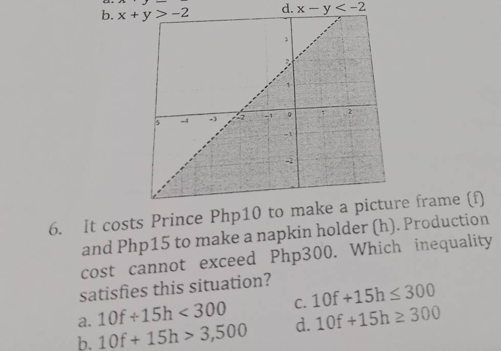 x-y
6. It costs Prince Php10 to make a pie frame (f)
and Php15 to make a napkin holder (h). Production
cost cannot exceed Php300. Which inequality
satisfies this situation?
C. 10f+15h≤ 300
a. 10f+15h<300</tex>
b. 10f+15h>3,500 d. 10f+15h≥ 300