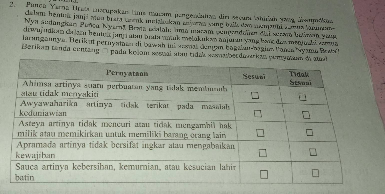 Panca Yama Brata merupakan lima macam pengendalian diri secara lahiriah yang diwujudkan 
dalam bentuk janji atau brata untuk melakukan anjuran yang baik dan menjauhi semua larangan- 
Nya sedangkan Pañca Nyamā Brata adalah: lima macam pengendalian diri secara batiniah yang 
diwujudkan dalam bentuk janji atau brata untuk melakukan anjuran yang baik dan menjauhi semua 
larangannya. Berikut pernyataan di bawah ini sesuai dengan bagaian-bagian Panca Nyama Brata? 
Berikan tanda centang □ pada kolom sesuai atau tidak sesuaibe