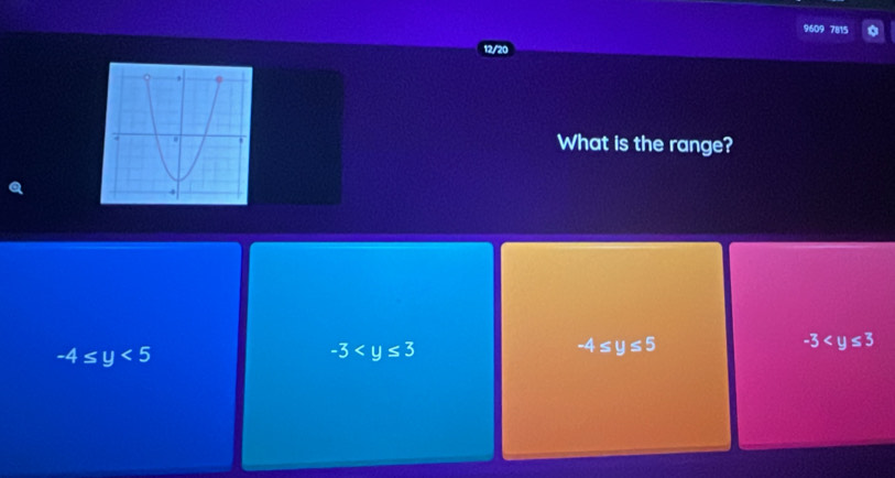 9609 7815
12/20
What is the range?
-3
-4≤ y<5</tex>
-3
-4≤ y≤ 5