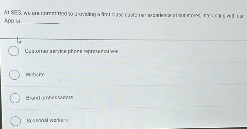 At SEG, we are committed to providing a first class customer experience at our stores, interacting with our
App or_
、.
Customer service phone representatives
Website
Brand ambassadors
Seasonal workers