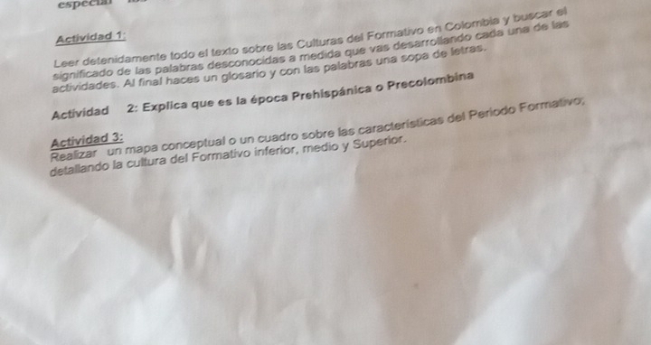 especial 
Actividad 1 
Leer detenidamente todo el texto sobre las Culturas del Formativo en Colombia y buscar el 
significado de las palabras desconocidas a medida que vas desarrollando cada una de las 
actividades. Al final haces un glosario y con las palabras una sopa de letras. 
Actividad 2: Explica que es la época Prehispánica o Precolombina 
Realizar un mapa conceptual o un cuadro sobre las características del Periodo Formativo; 
Actividad 3: 
detallando la cultura del Formativo inferior, medio y Superior.