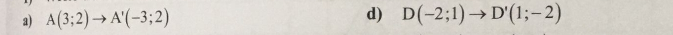 A(3;2)to A'(-3;2)
d) D(-2;1)to D'(1;-2)