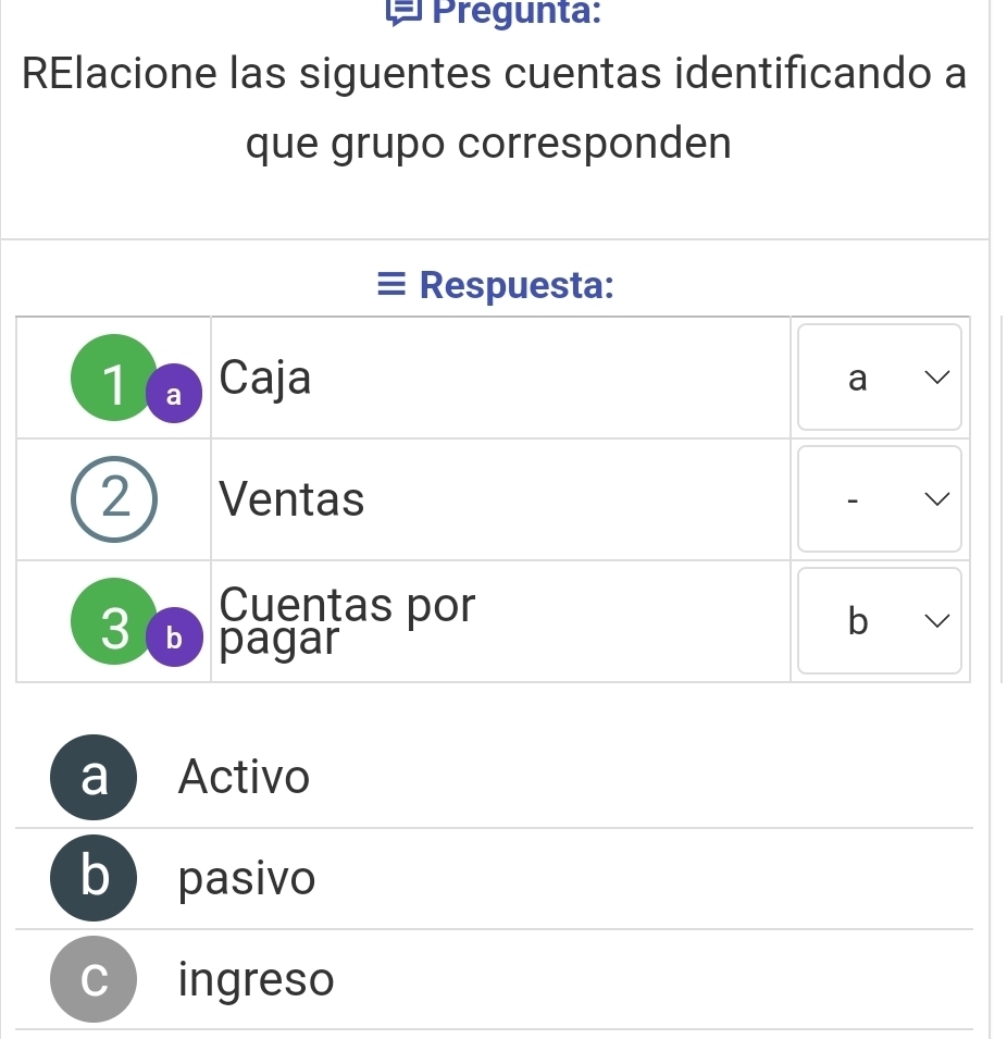 Pregunta: 
RElacione las siguentes cuentas identificando a 
que grupo corresponden 
i Activo 
b pasivo 
ingreso