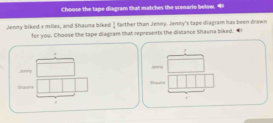 Choose the tape diagram that matches the scenario below. 
Jenny biked x miles, and Shauna biked  1/4  farther than Jenny. Jenny's tape diagram has been drawn 
for you. Choose the tape diagram that represents the distance Shauna biked.
x
x
Jenny 
Jenny 
Shauna 
Shauna
x°
x