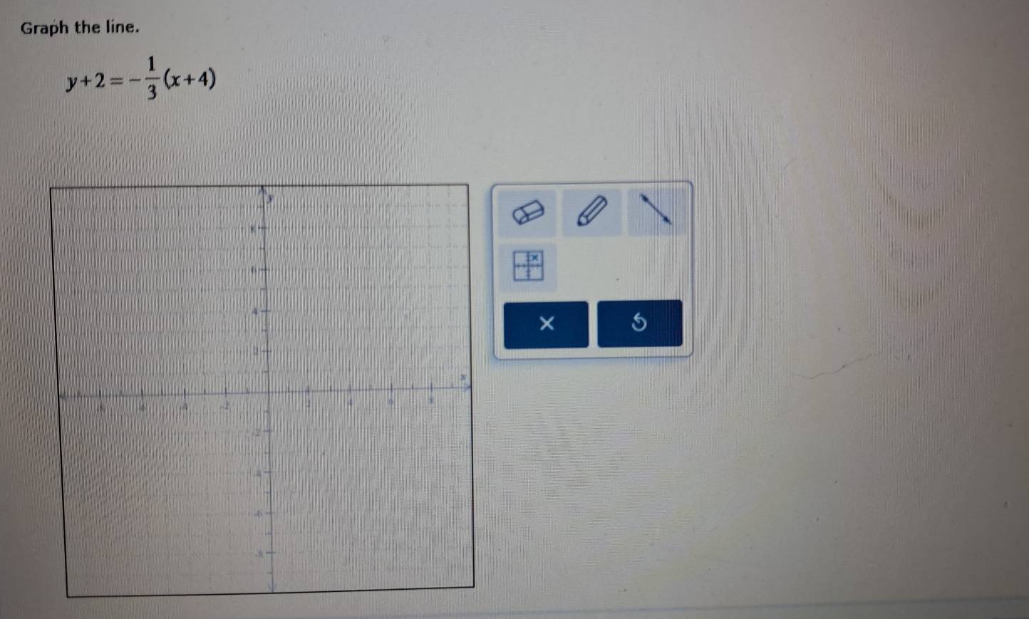 Graph the line.
y+2=- 1/3 (x+4)
×