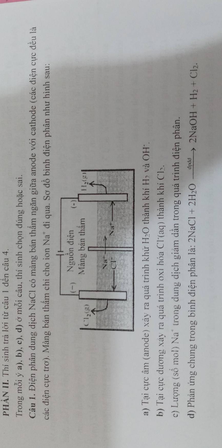 PHẢN II. Thí sinh trả lời từ câu 1 đến câu 4.
Trong mỗi ý a), b), c), d) ở mỗi câu, thí sinh chọn dúng hoặc sai.
Câu 1. Điện phân dung dịch NaCl có màng bán thẩm ngăn giữa anode với cathode (các điện cực đều là
các điện cực trơ). Màng bán thẩm chi cho ion Na* đi qua. Sơ đồ bình điện phân như hình sau:
a) Tại cực âm (anode) xảy ra quá trình khử H_2O thành khí H_2 và OH².
b) Tại cực dương xây ra quá trình oxi hóa Cl(aq) thành khí Cl_2.
c) Lượng (số mol) Na* trong dung dịch giảm dần trong quá trình điện phân.
d) Phản ứng chung trong bình điện phân là: 2NaCl+2H_2Oxrightarrow dpdd2NaOH+H_2+Cl_2.