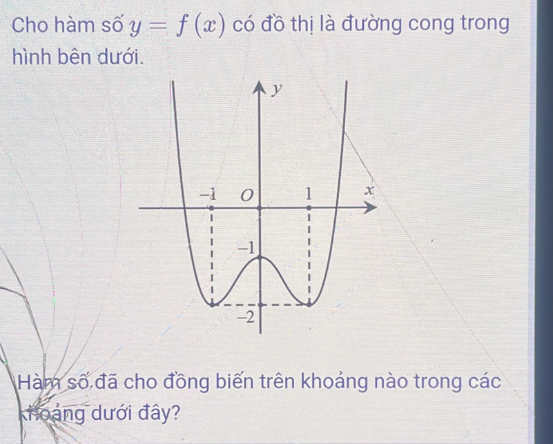 Cho hàm số y=f(x) có đồ thị là đường cong trong 
hình bên dưới. 
Hàm số đã cho đồng biến trên khoảng nào trong các 
khoảng dưới đây?