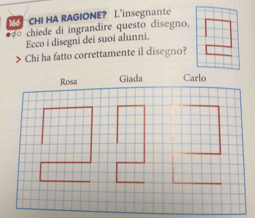 CHI HA RAGIONE? L'insegnante 
chiede di ingrandire questo disegno. 
Ecco i disegni dei suoi alunni. 
Chi ha fatto correttamente il disegno? 
Rosa Giada Carlo