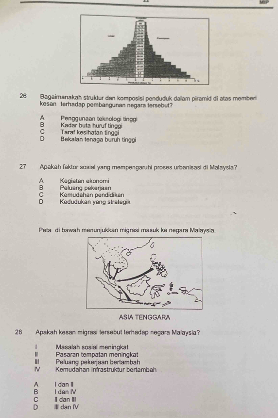 Bagaimanakah struktur dan komposisi penduduk dalam piramid di atas memberi
kesan terhadap pembangunan negara tersebut?
Penggunaan teknologi tinggi
B Kadar buta huruf tinggi
C Taraf kesihatan tinggi
D Bekalan tenaga buruh tinggi
27 Apakah faktor sosial yang mempengaruhi proses urbanisasi di Malaysia?
A Kegiatan ekonomi
B Peluang pekerjaan
C Kemudahan pendidikan
D Kedudukan yang strategik
Peta di bawah menunjukkan migrasi masuk ke negara Malaysia.
ASIA TENGGARA
28 Apakah kesan migrasi tersebut terhadap negara Malaysia?
Masalah sosial meningkat
Pasaran tempatan meningkat
Peluang pekerjaan bertambah
IV Kemudahan infrastruktur bertambah
A I dan II
B£ I dan IV
C II dan ⅢII
D III dan IV