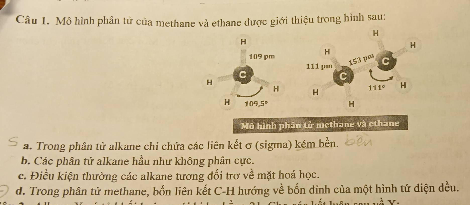 Mô hình phân tử của methane và ethane được giới thiệu trong hình sau:
H
H
H
109 pm
H
111 pm
153 pm C
C
H
H
111° H
H
H 109,5°
H
Mô hình phân tử methane và ethane
a. Trong phân tử alkane chỉ chứa các liên kết σ (sigma) kém bền.
b. Các phân tử alkane hầu như không phân cực.
c. Điều kiện thường các alkane tương đối trơ về mặt hoá học.
d. Trong phân tử methane, bốn liên kết C-H hướng về bốn đỉnh của một hình tứ diện đều.