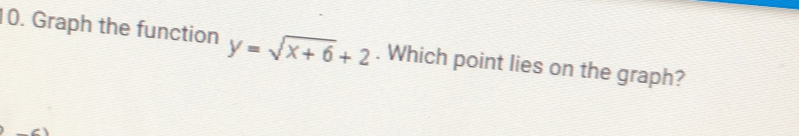 Graph the function y=sqrt(x+6)+2. Which point lies on the graph?