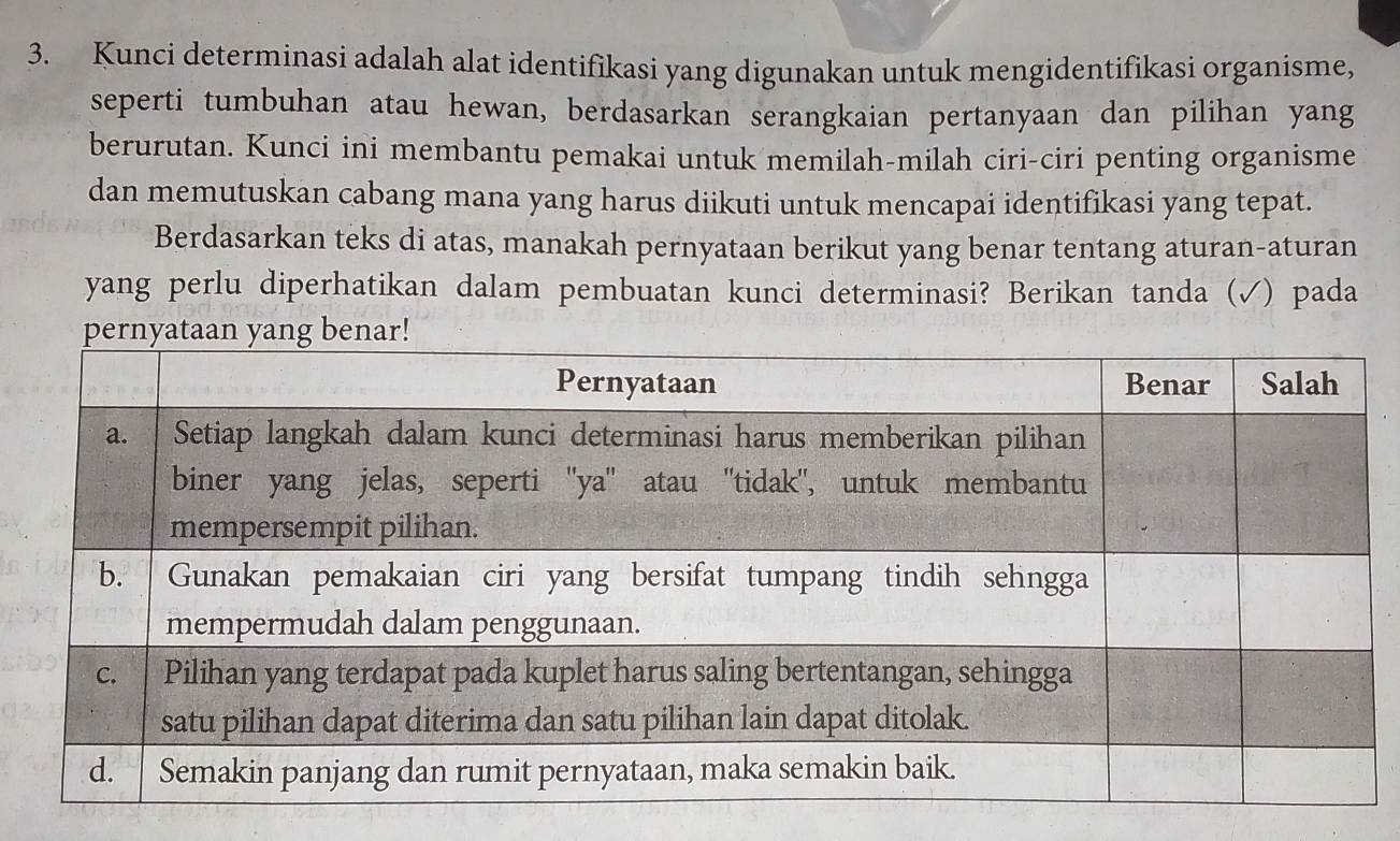 Kunci determinasi adalah alat identifikasi yang digunakan untuk mengidentifikasi organisme, 
seperti tumbuhan atau hewan, berdasarkan serangkaian pertanyaan dan pilihan yang 
berurutan. Kunci ini membantu pemakai untuk memilah-milah ciri-ciri penting organisme 
dan memutuskan cabang mana yang harus diikuti untuk mencapai identifikasi yang tepat. 
Berdasarkan teks di atas, manakah pernyataan berikut yang benar tentang aturan-aturan 
yang perlu diperhatikan dalam pembuatan kunci determinasi? Berikan tanda (√) pada