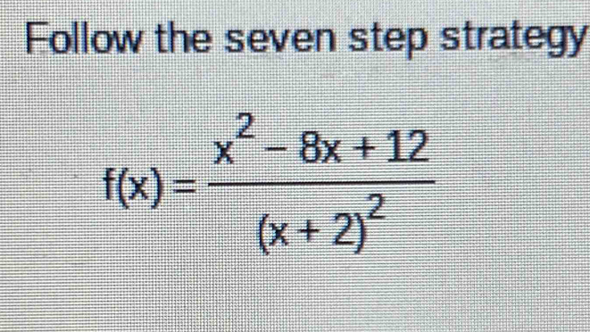 Follow the seven step strategy
f(x)=frac x^2-8x+12(x+2)^2