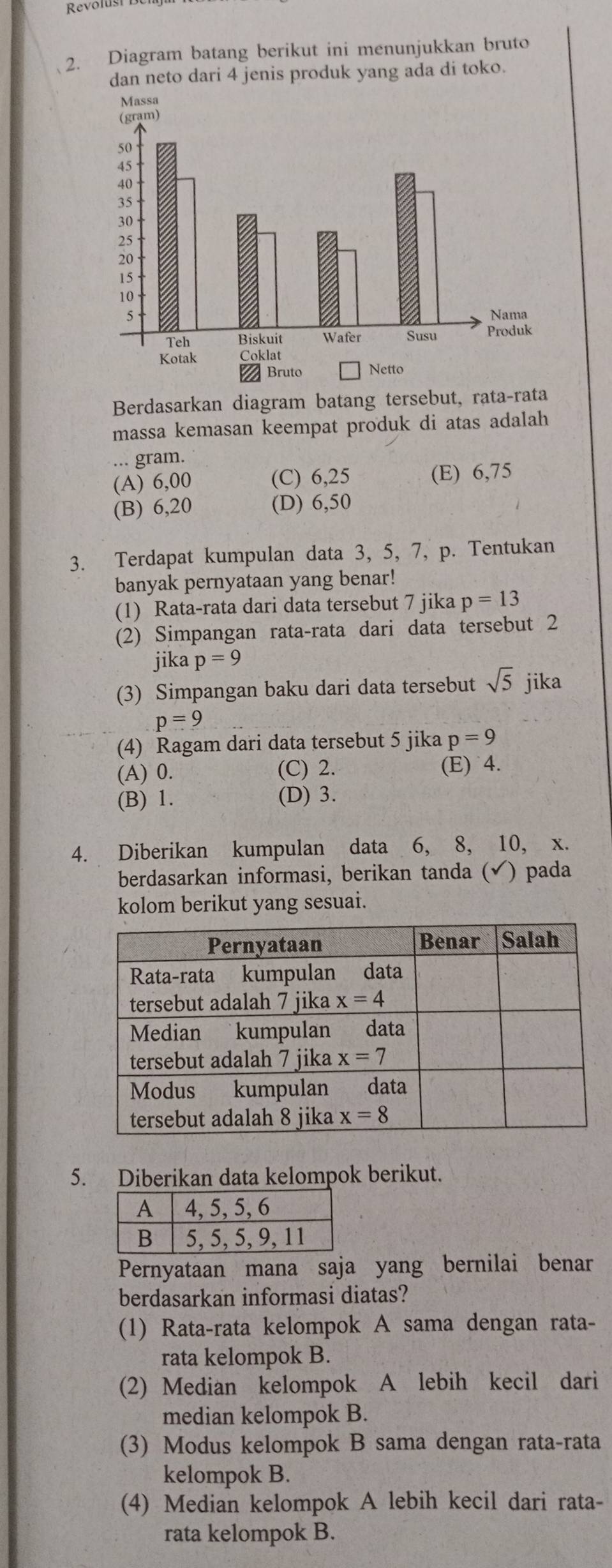 Revolus
2. Diagram batang berikut ini menunjukkan bruto
dan neto dari 4 jenis produk yang ada di toko.
Berdasarkan diagram batang tersebut, rata-rata
massa kemasan keempat produk di atas adalah
... gram.
(A) 6,00 (C) 6,25 (E) 6,75
(B) 6,20 (D) 6,50
3. Terdapat kumpulan data 3, 5, 7, p. Tentukan
banyak pernyataan yang benar!
(1) Rata-rata dari data tersebut 7 jika p=13
(2) Simpangan rata-rata dari data tersebut 2
jika p=9
(3) Simpangan baku dari data tersebut sqrt(5) jika
p=9
(4) Ragam dari data tersebut 5 jika p=9
(A) 0. (C) 2. (E) 4.
(B) 1. (D) 3.
4. Diberikan kumpulan data 6, 8, 10, x.
berdasarkan informasi, berikan tanda (✔) pada
kolom berikut yang sesuai.
5. Diberikan data kelompok berikut.
Pernyataan mana saja yang bernilai benar
berdasarkan informasi diatas?
(1) Rata-rata kelompok A sama dengan rata-
rata kelompok B.
(2) Median kelompok A lebih kecil dari
median kelompok B.
(3) Modus kelompok B sama dengan rata-rata
kelompok B.
(4) Median kelompok A lebih kecil dari rata-
rata kelompok B.