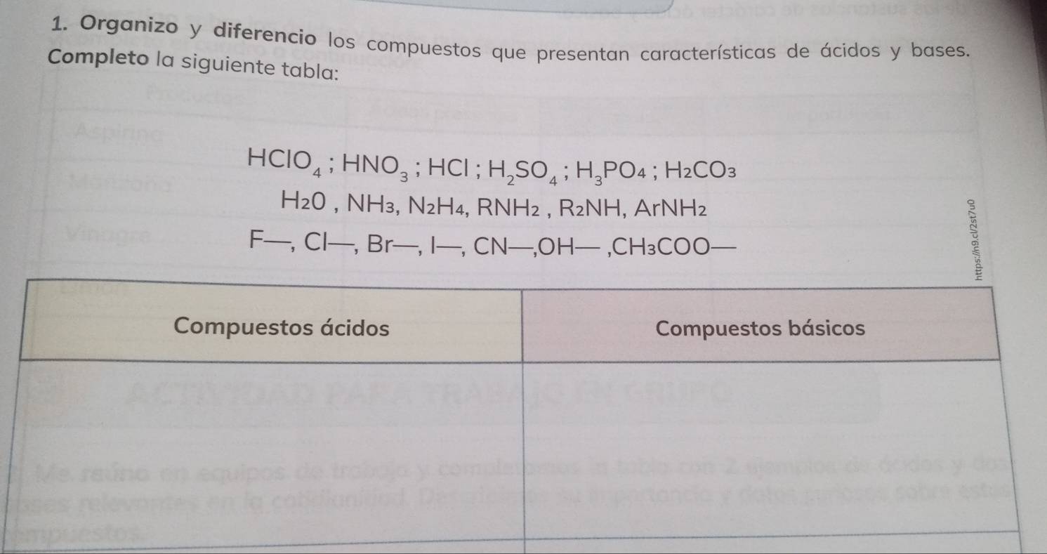 Organizo y diferencio los compuestos que presentan características de ácidos y bases. 
Completo la siguiente tabla:
HClO_4; HNO_3 ;HCI; H_2SO_4; H_3PO_4; H_2CO_3
H_2O, NH_3, N_2H_4, RNH_2, R_2NH, ArNH_2
F-, Cl-, Br-,I-, CN-, OH-, CH_3COO-;