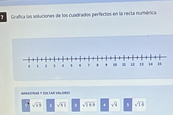 Grafica las soluciones de los cuadrados perfectos en la recta numérica. 
ARRASTRAR Y SOLTAR VALORES
sqrt(49) 2 sqrt(81) 3 sqrt(169) 4 sqrt(4) 5 sqrt(16)