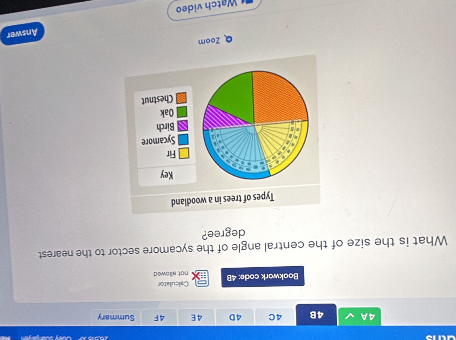 4A 4B 4C 4D 4E 4F Summary 
Calculator 
Bookwork code: 4B not allowed 
What is the size of the central angle of the sycamore sector to the nearest 
degree? 
Types of trees in a woodland 
Key
90
ut té 
a Fir 
a 
I 
Sycamore 
Birch 
Oak 
Chestnut 
Zoom 
Answer 
Watch video