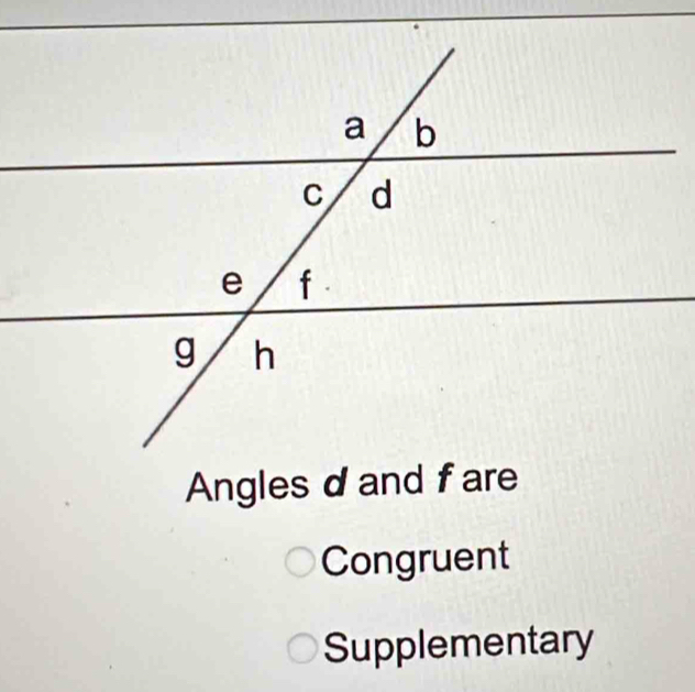 Angles d and fare
Congruent
Supplementary