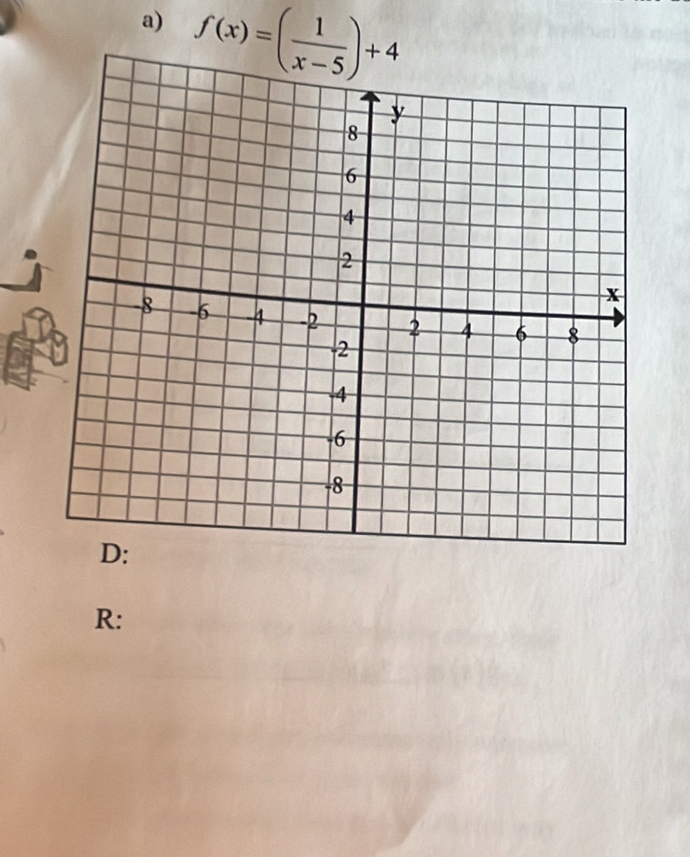 f(x)=( 1/x-5 )+4
R: