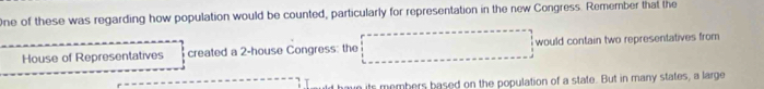 One of these was regarding how population would be counted, particularly for representation in the new Congress. Remember that the 
House of Representatives created a 2 -house Congress: the would contain two representatives from 
its members based on the population of a state. But in many states, a large