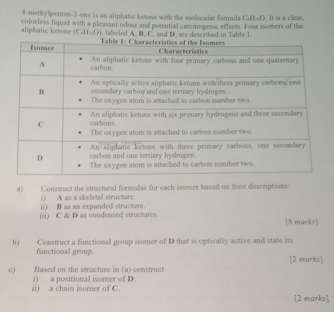 4-methylpentan-2-one is an aliphatic ketone with the molecular formula C_6H_12C. It is a clear, 
colorless liquid with a pleasant odour and potential carcinogenic effects. Four isomers of the 
aliphatic ketone (C_6H_12O) , labeled A, B, C, and D, are described in Table 1. 
a) Construct the structural formulas for each isomer based on their descriptions: 
i) A as a skeletal structure. 
ii) B as an expanded structure. 
iii) C & D as condensed structures. 
[8 marks] 
b) Construct a functional group isomer of D that is optically active and state its 
functional group. 
[2 marks] 
c) Based on the structure in (a) construct 
i) a positional isomer of D. 
ii) a chain isomer of C. 
[2 marks]