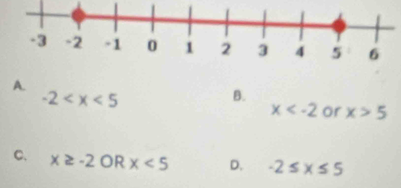 A.
-2
B.
x or x>5
C. x≥ -2ORx<5</tex>
D. -2≤ x≤ 5