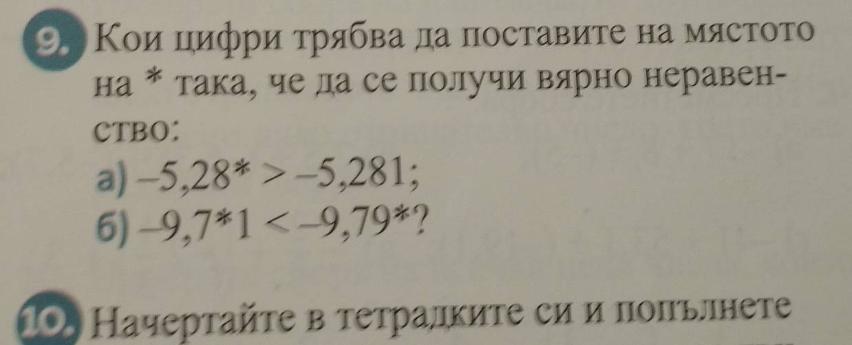 Κои цифри τрябва да поставиτе на мясτоτо 
на * такае че да се получи вярно неравен- 
CTBO: 
a) -5,28^*>-5,281; 
6) -9,7*1 ? 
10. Начертайτе в тетралкиτе си и поπьлнете