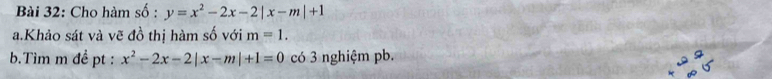 Cho hàm số : y=x^2-2x-2|x-m|+1
a.Khảo sát và vẽ đồ thị hàm số với m=1. 
b.Tìm m đề pt : x^2-2x-2|x-m|+1=0 có 3 nghiệm pb.