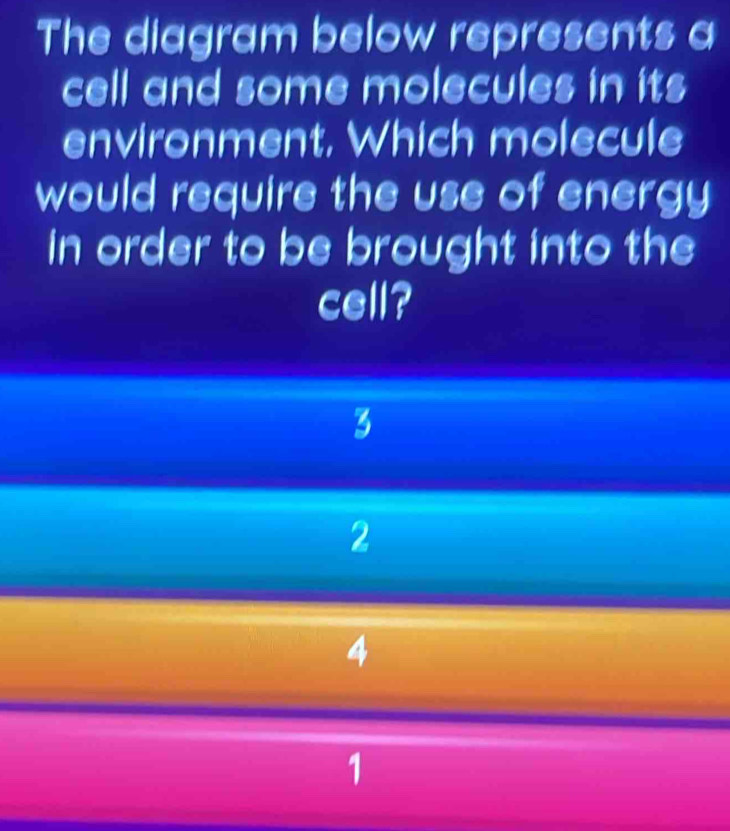 The diagram below represents a
cell and some molecules in its
environment, Which molecule
would require the use of energy
in order to be brought into the
cell?
3
2
4
1