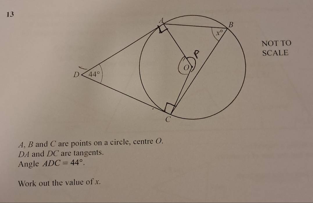 NOT TO
SCALE
A, B and C are points on a circle, centre O.
DA and DC are tangents.
Angle ADC=44°.
Work out the value of x.