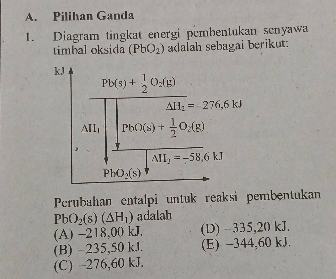 Pilihan Ganda
1. Diagram tingkat energi pembentukan senyawa
timbal oksida (PbO_2) adalah sebagai berikut:
Perubahan entalpi untuk reaksi pembentukan
PbO_2(s)(△ H_1) adalah
(A) −218,00 kJ. (D) −335,20 kJ.
(B) -235,50 kJ. (E) −344,60 kJ.
(C) -276,60 kJ.