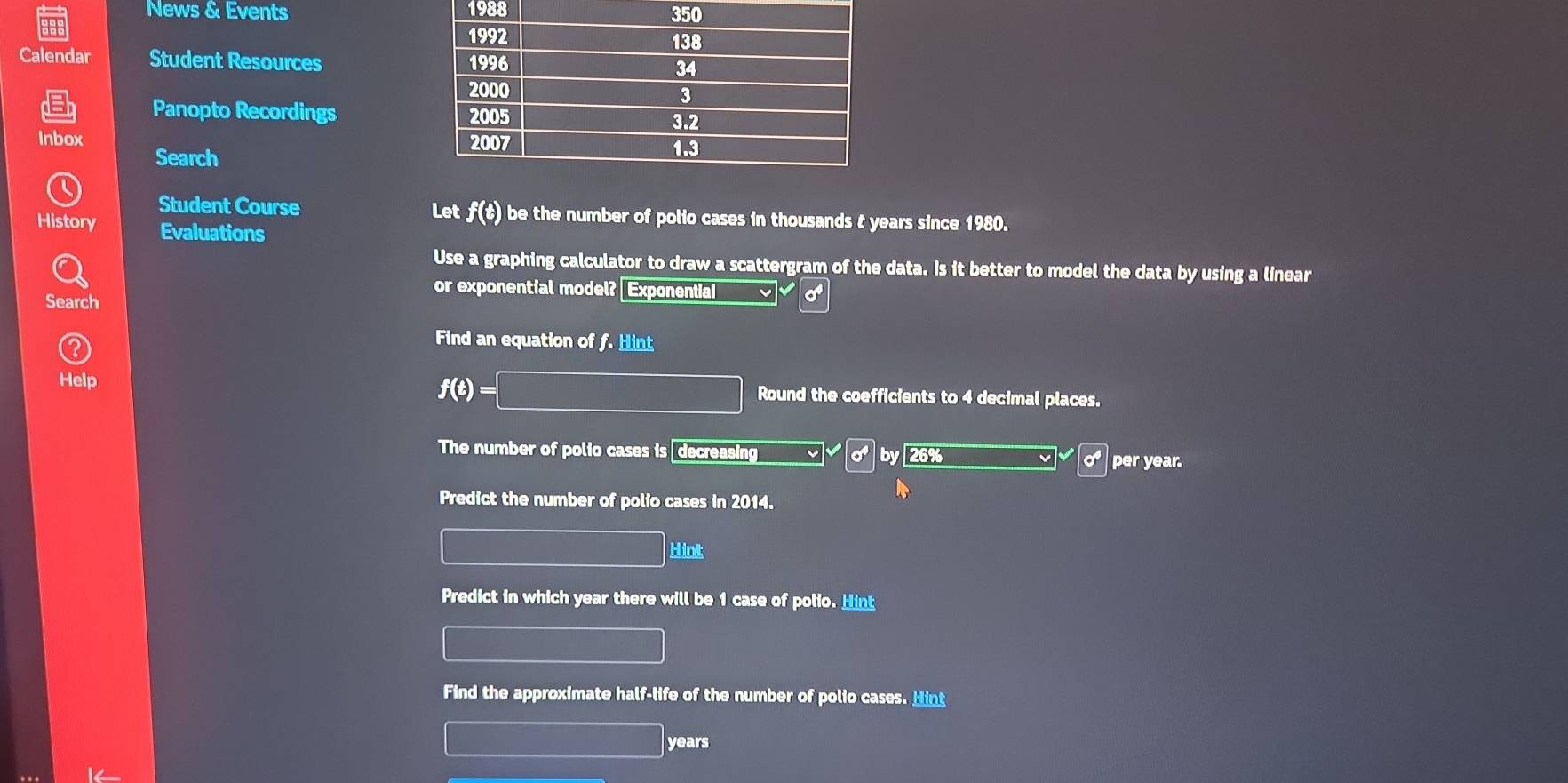 News & Events 1988 
Calendar Student Resources 
Panopto Recordings 
Inbox 
Search 
Student Course Let ƒ(±) be the number of polio cases in thousands t years since 1980. 
History Evaluations 
Use a graphing calculator to draw a scattergram of the data. Is it better to model the data by using a linear 
or exponential model? Exponential a 
Search 
Find an equation of f. Hint
f(t)=□
Help Round the coefficients to 4 decimal places. 
The number of polio cases is decreasing sigma^4 by 26% per year. 
Predict the number of polio cases in 2014. 
Hint 
Predict in which year there will be 1 case of polio. Hint 
Find the approximate half-life of the number of polio cases. Hint
years