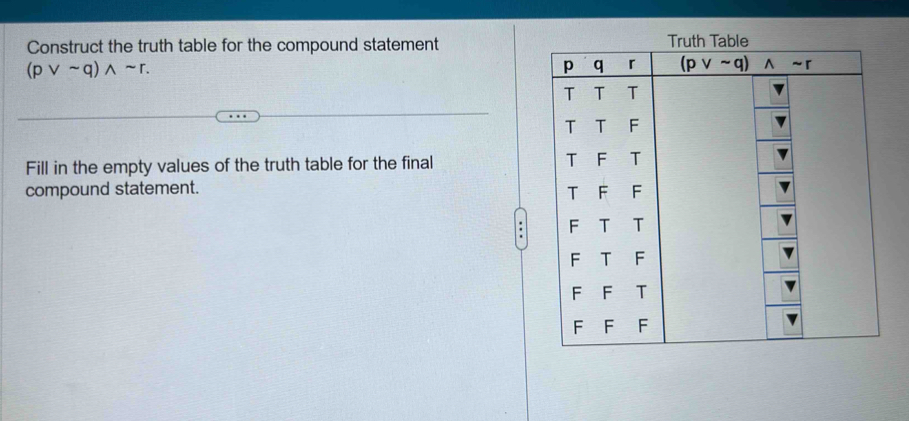 Construct the truth table for the compound statement
(pvee sim q)wedge sim r.
Fill in the empty values of the truth table for the final 
compound statement. 
.