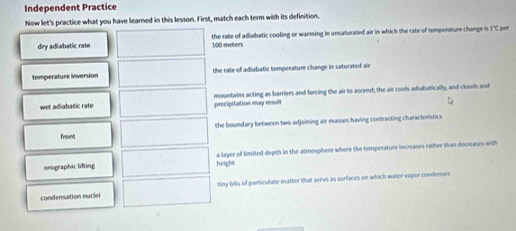 Independent Practice
Now let's practice what you have learned in this lesson. First, match each term with its definition.
dry adiabatic rate the rate of adiabatic cooling or warming in unsaturated air in which the rate of temperature change is 1°C per
100 meters
temperature inversion the rate of adiabatic temperature change in saturated air
wet adiabatic rate precipitation may result mountains acting as barriers and forcing the air to ascend; the air cools adiabatically, and clouds and
the boundary between two adjoining air masses having contrasting characteristics
fromt
orographic lifting height a layer of limited depth in the atmosphere where the temperature increases rather than decreases with
condensation nuclei tiny bits of particulate matter that serve as surfaces on which water vapor condenses