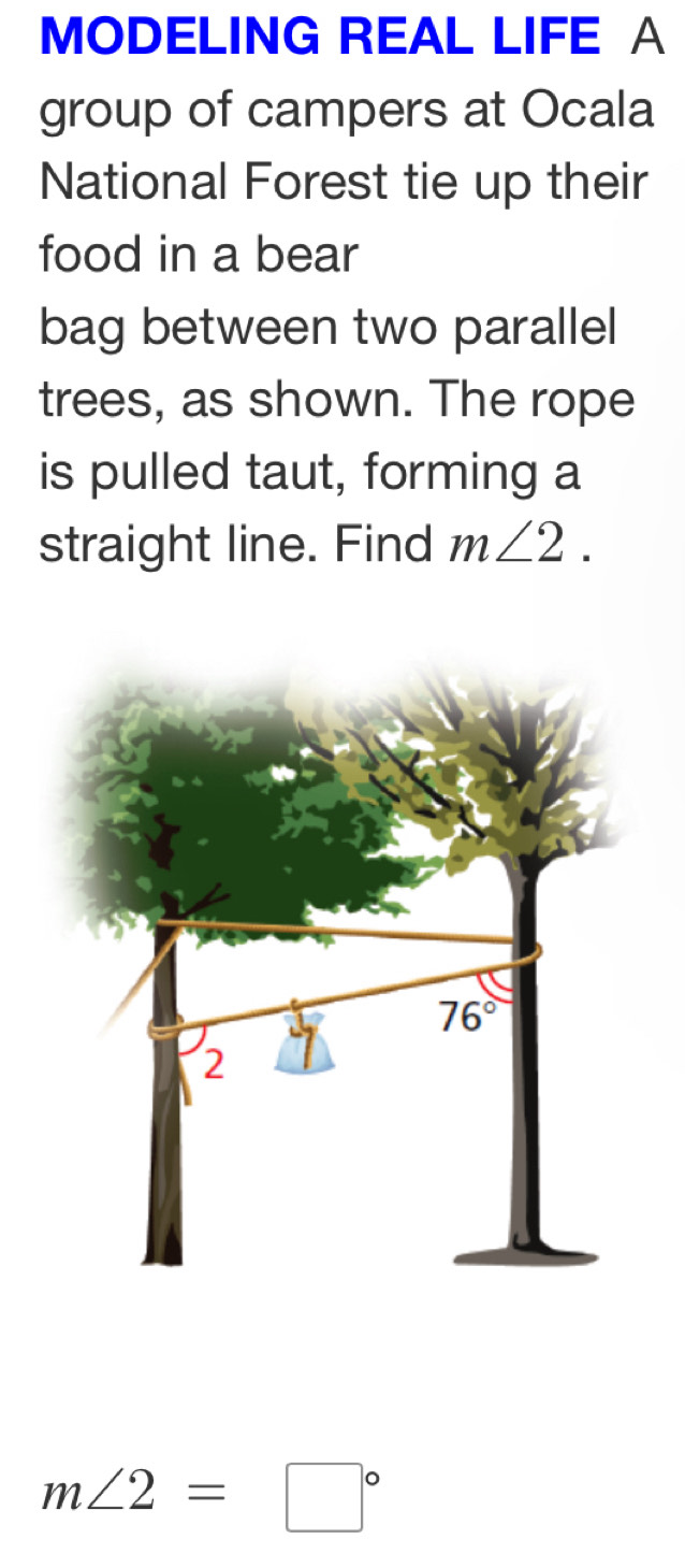 MODELING REAL LIFE A
group of campers at Ocala
National Forest tie up their
food in a bear
bag between two parallel
trees, as shown. The rope
is pulled taut, forming a
straight line. Find m∠ 2.
m∠ 2=□°