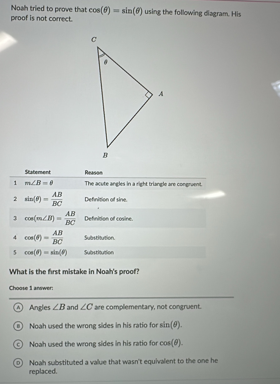 Noah tried to prove that cos (θ )=sin (θ ) using the following diagram. His
proof is not correct.
Statement Reason
1 m∠ B=θ The acute angles in a right triangle are congruent.
2 sin (θ )= AB/BC  Defnition of sine.
3 cos (m∠ B)= AB/BC  Defnition of cosine.
4 cos (θ )= AB/BC  Substitution.
5 cos (θ )=sin (θ ) Substitution
What is the first mistake in Noah's proof?
Choose 1 answer:
A Angles ∠ B and ∠ C are complementary, not congruent.
Noah used the wrong sides in his ratio for sin (θ ).
Noah used the wrong sides in his ratio for cos (θ ).
D) Noah substituted a value that wasn't equivalent to the one he
replaced.