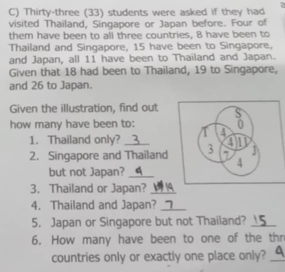 a 
C) Thirty-three (33) students were asked if they had 
visited Thailand, Singapore or Japan before. Four of 
them have been to all three countries, 8 have been to 
Thailand and Singapore, 15 have been to Singapore, 
and Japan, all 11 have been to Thailand and Japan. 
Given that 18 had been to Thailand, 19 to Singapore, 
and 26 to Japan. 
Given the illustration, find out 
how many have been to: 
1. Thailand only? 
2. Singapore and Thailand 
but not Japan?_ 
3. Thailand or Japan?_ 
4. Thailand and Japan?_ 
5. Japan or Singapore but not Thailand?_ 
6. How many have been to one of the thr 
countries only or exactly one place only?_