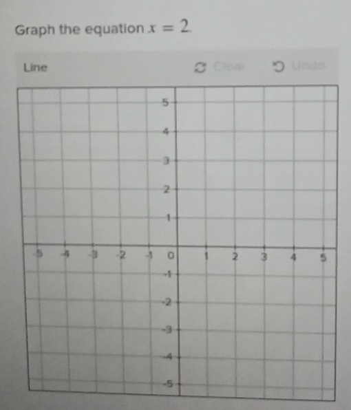 Graph the equation x=2. 
Line C Cleal Undo