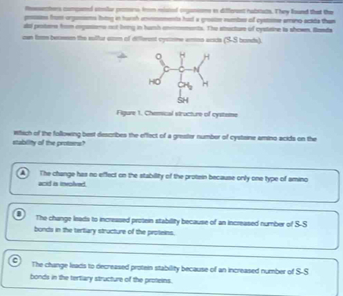 Rentors compened stelar protrs from reisted coganioms in differnt hubstats. They loured that the
pesms from orgamsms fatng in turch cnmoments had a grostn subes of cystome arrano acida than
sal protere from orgassoms oot long in humh ansocements. The stuctur of cystaine to shown, Bands
can fir beaesen the sullur cm of different cysme amno acca (S-S bunds).
Figure 1. Chemical structure of cysteme
which of the following best describes the effect of a grester number of cystaine amino acids on the
stablity of the protains?
v The change has no effect on the stabillity of the protzin because only one type of amino
acid is ineolved.
B The change leads to increased protein stabillity because of an increased number of S-S
bonds in the tertiary structure of the proteins.
C The change leads to decreased protein stability because of an increased number of S-S
bonds in the tertiary structure of the proteins.