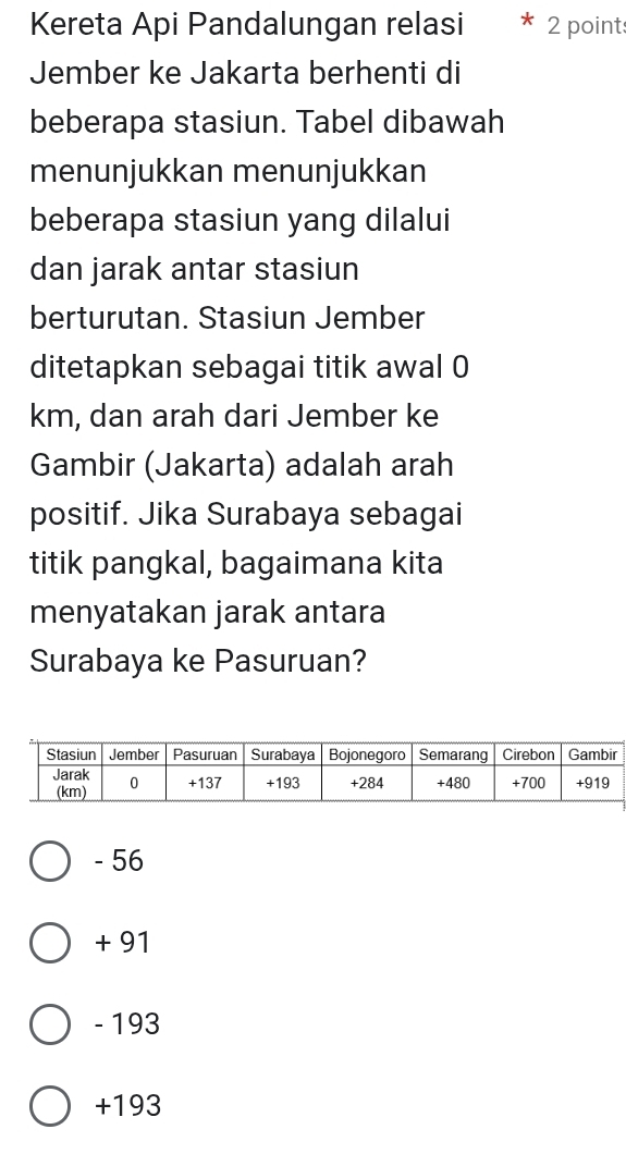 Kereta Api Pandalungan relasi 2 points
Jember ke Jakarta berhenti di
beberapa stasiun. Tabel dibawah
menunjukkan menunjukkan
beberapa stasiun yang dilalui
dan jarak antar stasiun
berturutan. Stasiun Jember
ditetapkan sebagai titik awal 0
km, dan arah dari Jember ke
Gambir (Jakarta) adalah arah
positif. Jika Surabaya sebagai
titik pangkal, bagaimana kita
menyatakan jarak antara
Surabaya ke Pasuruan?
- 56
+ 91
- 193
+193