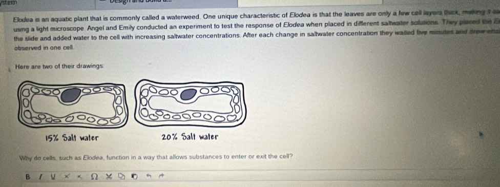 stem 
Elodea is an aquatic plant that is commonly called a waterweed. One unique characteristic of Elodea is that the leaves are only a few cell layers thick, making it o 
using a light microscope. Angel and Emily conducted an experiment to test the response of Elodea when placed in different saltwater solutions. They piaced the E 
the slide and added water to the cell with increasing saltwater concentrations. After each change in saltwater concentration they waited five minutes and drew ena 
observed in one cell. 
Here are two of their drawings: 
Why do cells, such as Elodea, function in a way that allows substances to enter or exit the cell? 
B