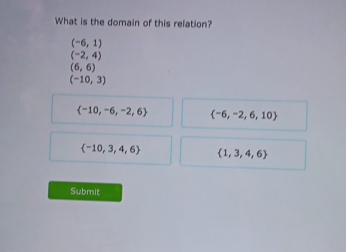 What is the domain of this relation?
(-6,1)
(-2,4)
(6,6)
(-10,3)
 -10,-6,-2,6
 -6,-2,6,10
 -10,3,4,6
 1,3,4,6
Submit