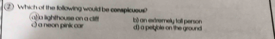 Which of the following would be conspicuous?
a) a lighthouse on a cliff b) an extremely tall person
c) a neon pink car d) a pebble on the ground